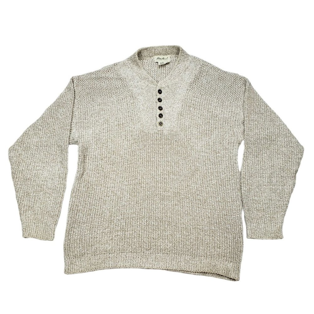 Vtg Eddie Bauer Pullover Sweater L Oatmeal Tan 1/4 Button Up 100% Cotton